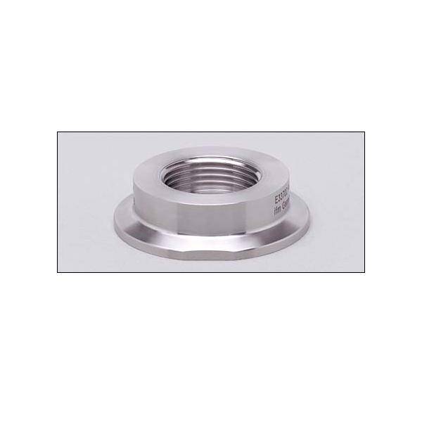 Ein metallischer Flansch mit gewindeter Innenbohrung ist vor einem einfarbigen Hintergrund zentriert.