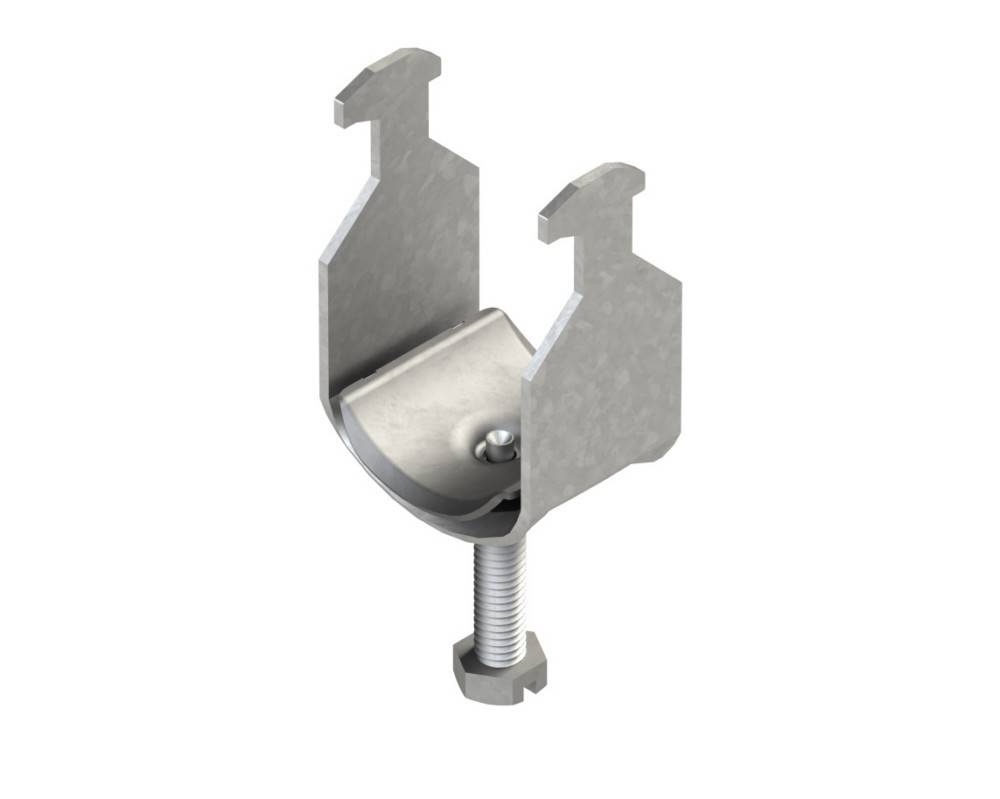 Metallhalterung mit zwei vertikalen Zinken und einem zentralen Bolzen, konzipiert zum Montieren oder Befestigen von Objekten.