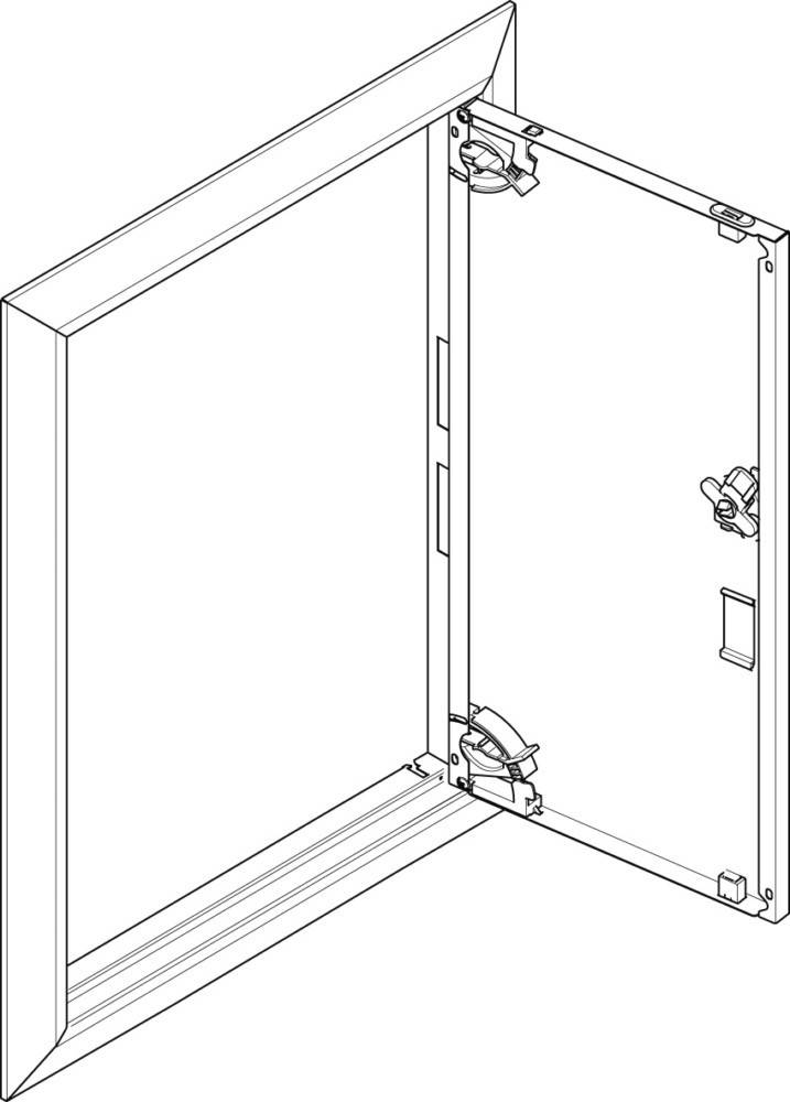 Eine Linienzeichnung einer offenen elektrischen Verteilertür, die ihre Scharniere, Verriegelungsmechanismus und Montagekonstruktion zeigt.