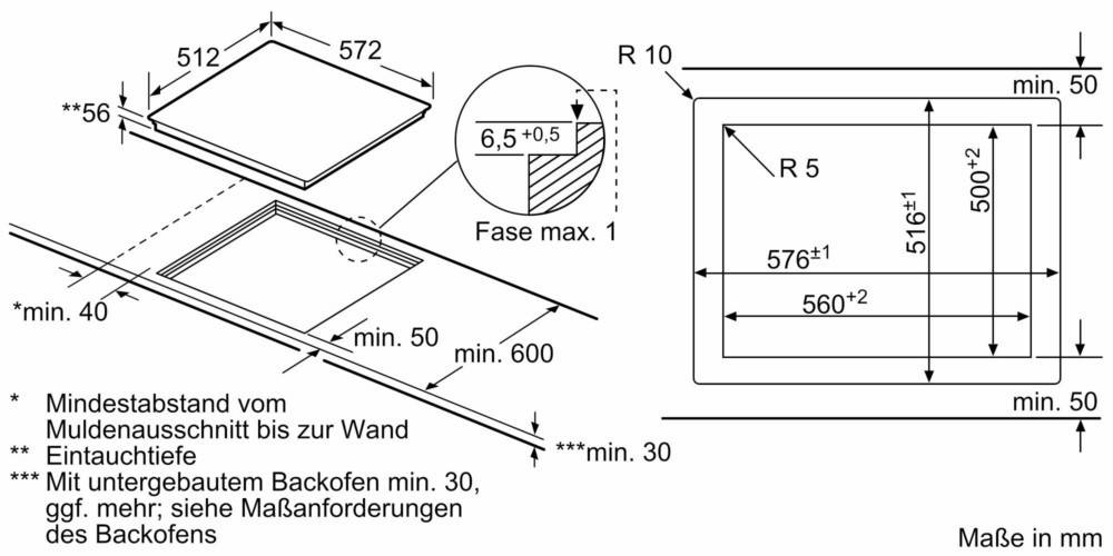 Diagramm mit Maßangaben für Geräteeinbau: Breite 572 mm, Tiefe mind. 600 mm, Höhe mind. 50 mm. Angegebene innere Aussparungen: 576-578 mm, R 5 Eckenradius.