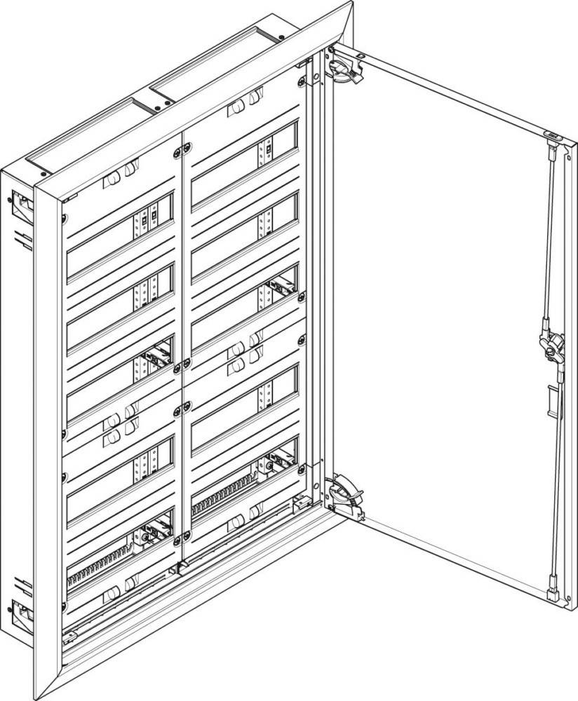 Ein offener Elektroschrank mit mehreren Reihen von Sicherungsautomaten, Kabelkanälen und einer transparenten Tür rechts.