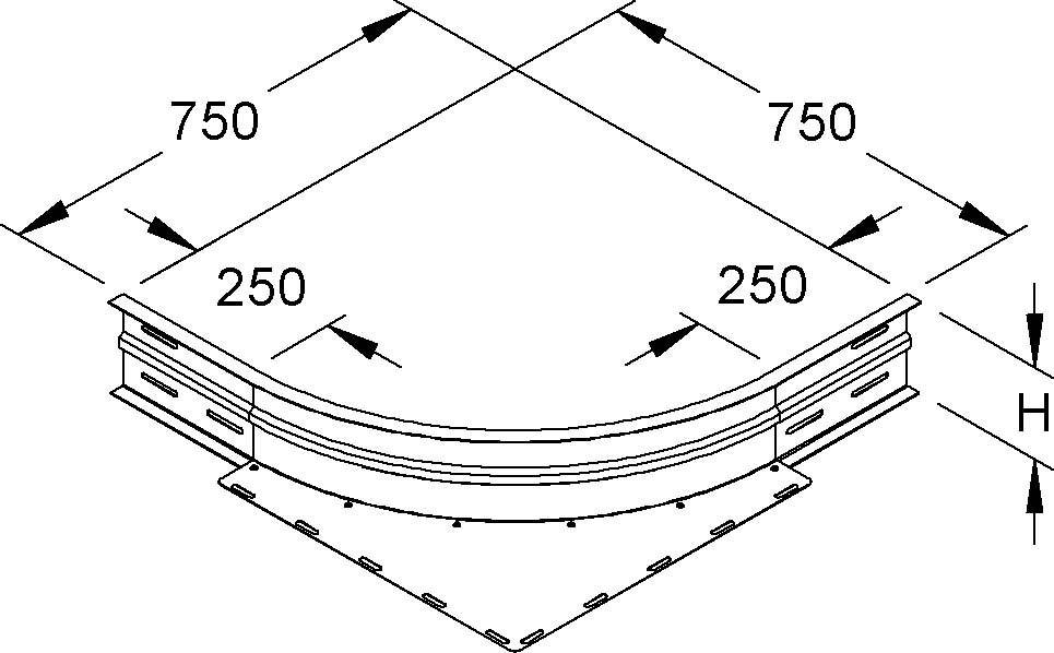 Diagramm einer Ecke mit abgerundeten Kanten, mit Maßangaben: 750 an einer Seite, 250 an jeder Kurve.