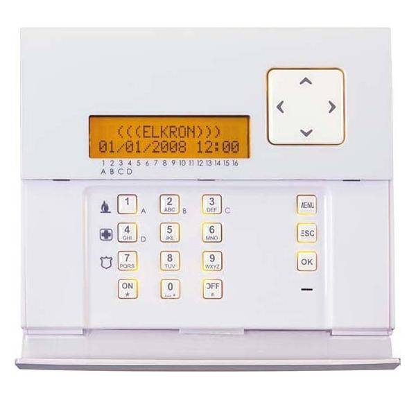 Sicherheitsalarm-Tastatur mit einem kleinen Display, das '01/01/2008 12:00' anzeigt. Sie verfügt über eine numerische Tastatur, Navigationstasten und Funktionstasten.