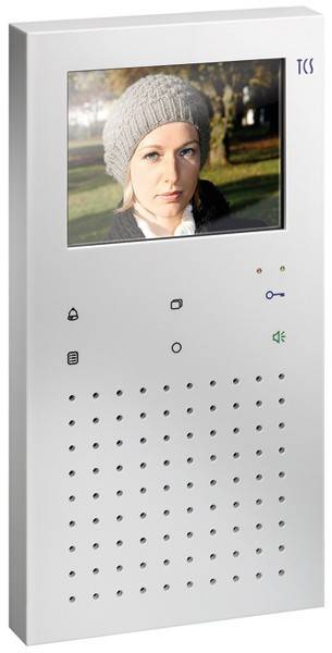 Weißes Gegensprechanlage mit einem Display, auf dem eine Person mit Mütze zu sehen ist. Unterhalb des Bildschirms befinden sich Symbole für Klingel, Nachricht und Lautsprechersteuerung.