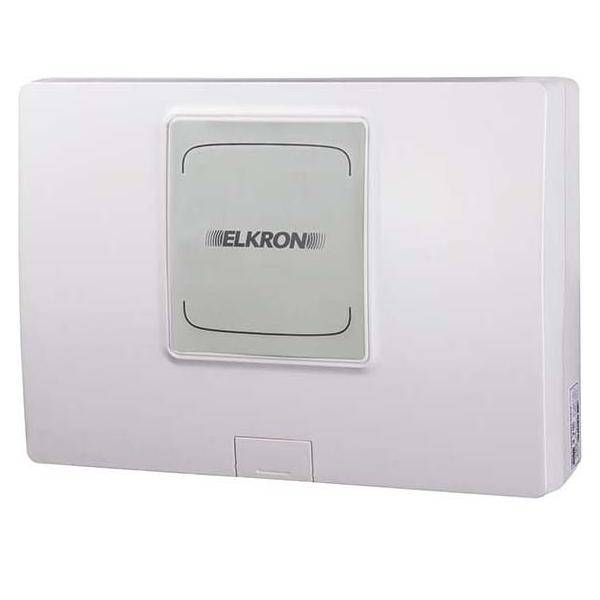 Weißes rechteckiges Alarmsystemsteuergerät mit der Markenbezeichnung 'ELKRON' auf der Vorderseite, das einen zentralen grauen Bereich für Interaktion aufweist.