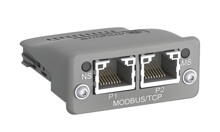 Ein grauer Modbus/TCP-Kommunikationsmodul mit zwei Ethernet-Ports, gekennzeichnet mit 'P1' und 'P2', Indikatorleuchten und einer Beschriftung 'NS'.