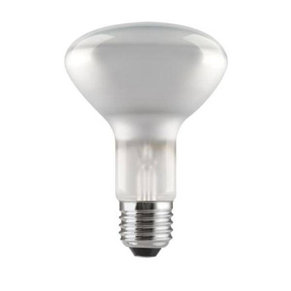 Eine gefrostete, kegelförmige Glühbirne mit einer Standard-Schraubfassung, die üblicherweise in Haushaltsbeleuchtungen verwendet wird.