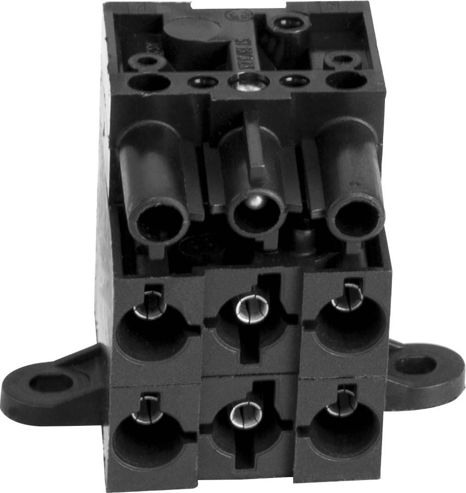 Eine Nahaufnahme eines schwarzen elektrischen Klemmblocks mit mehreren Anschlüssen und Schraubklemmen, verwendet zum Befestigen und Organisieren von elektrischen Leitungen.