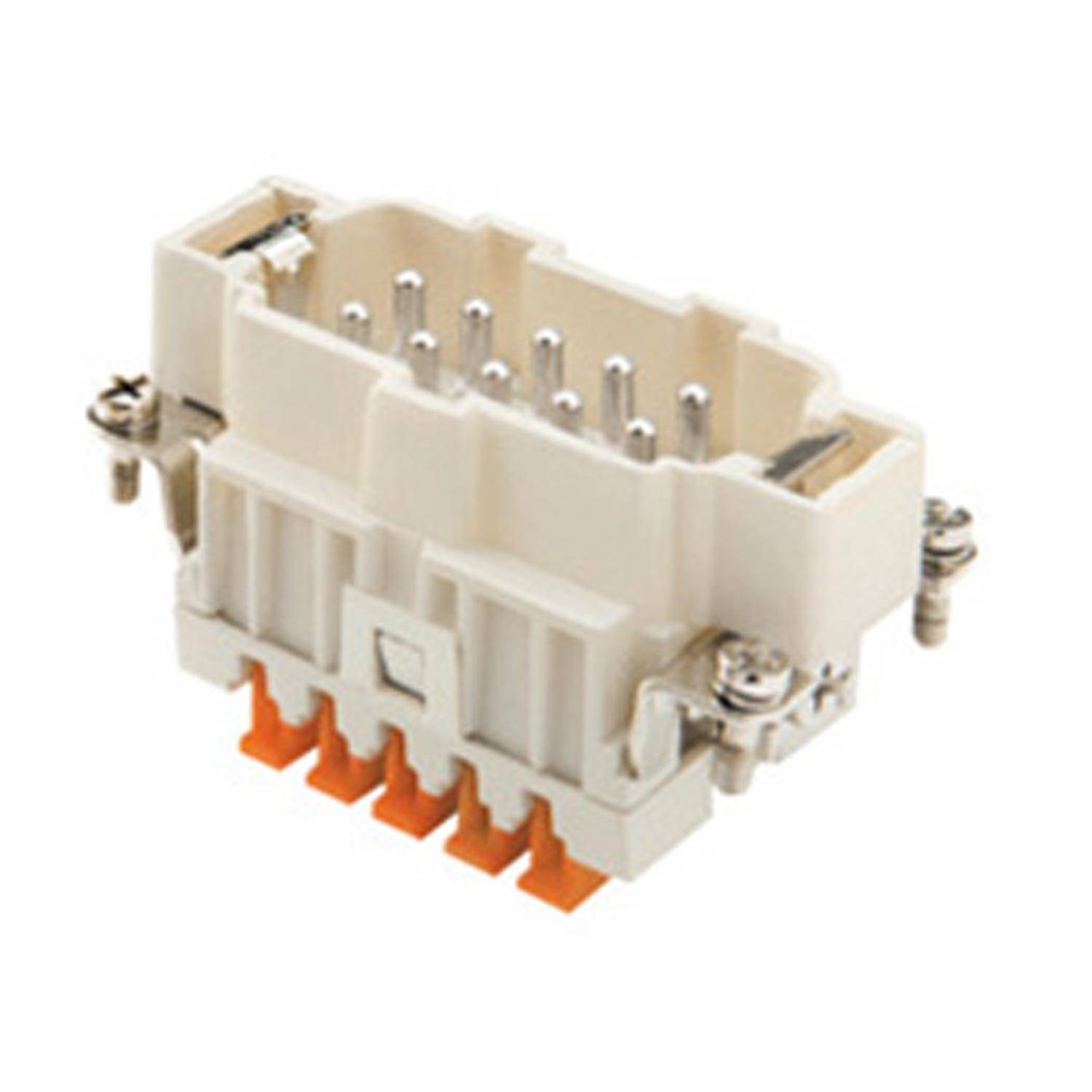 Ein weißer elektrischer Verbinder mit Metallstiften und orangen Clips, der für Leiterplattenanschlüsse verwendet wird, aus einer Seitenansicht betrachtet.