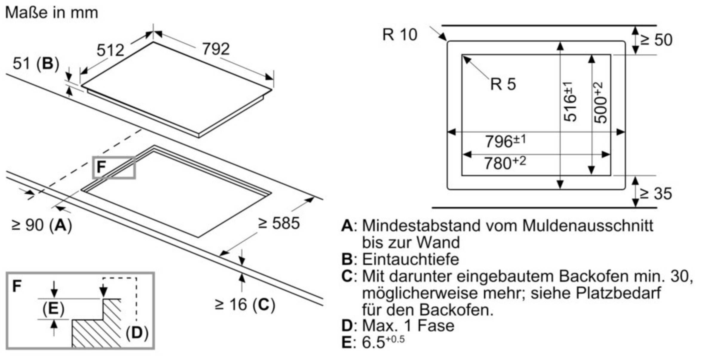 Technische Zeichnung einer Backofenöffnung: Rechteckige Abmessungen in mm mit Notizen A-E, die minimale Installationsspielräume und Montageeigenschaften anzeigen.