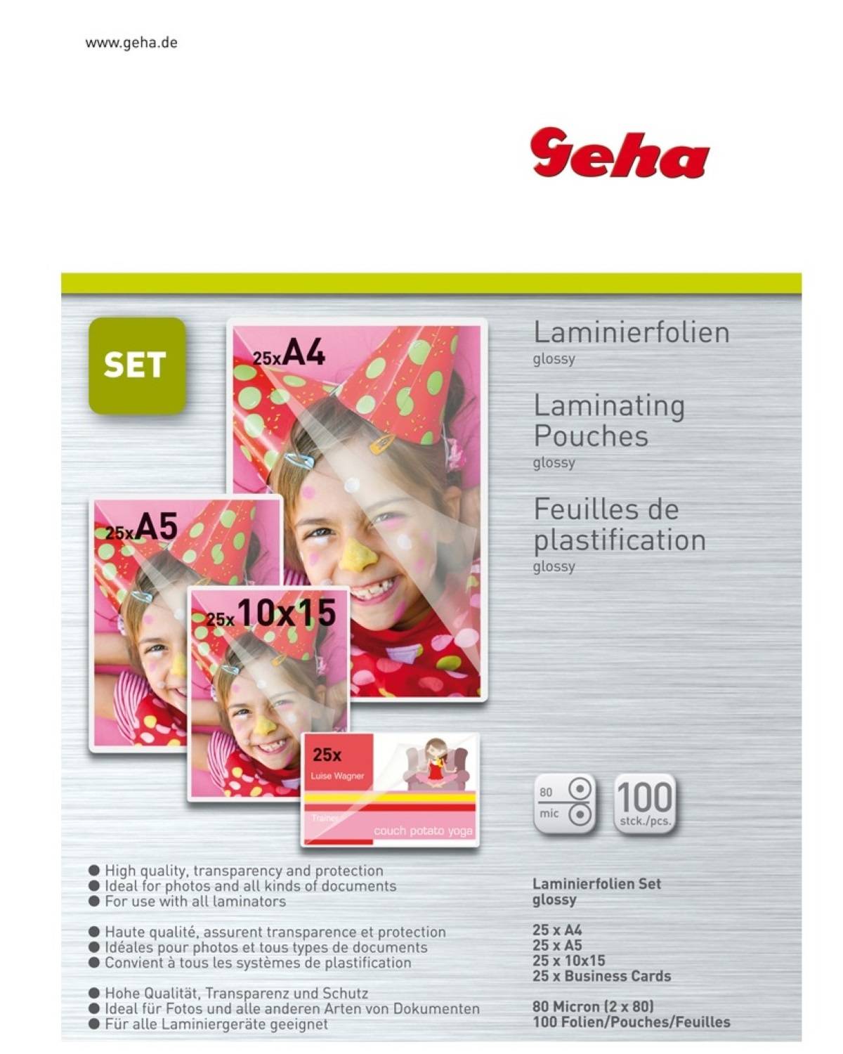 Seha Laminierfolien Set glossy - Verpackung mit 100 Blatt zum Laminieren. Zeigt verschiedene Größen und Vorteile wie Qualität und Schutz.