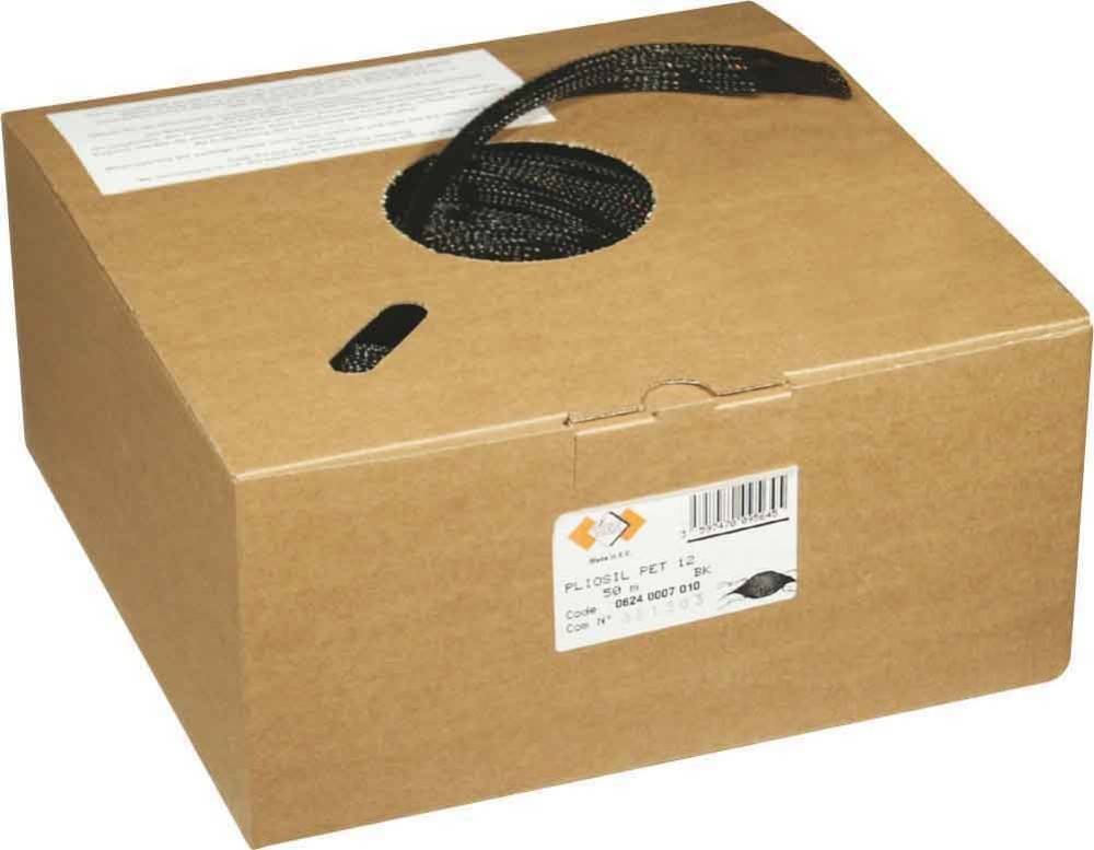 Eine braune Schachtel mit einem kreisförmigen Loch, aus dem ein schwarzes geflochtenes Kabel herausragt. Ein Etikett mit Text und einem Logo ist auf der Schachtel angebracht.