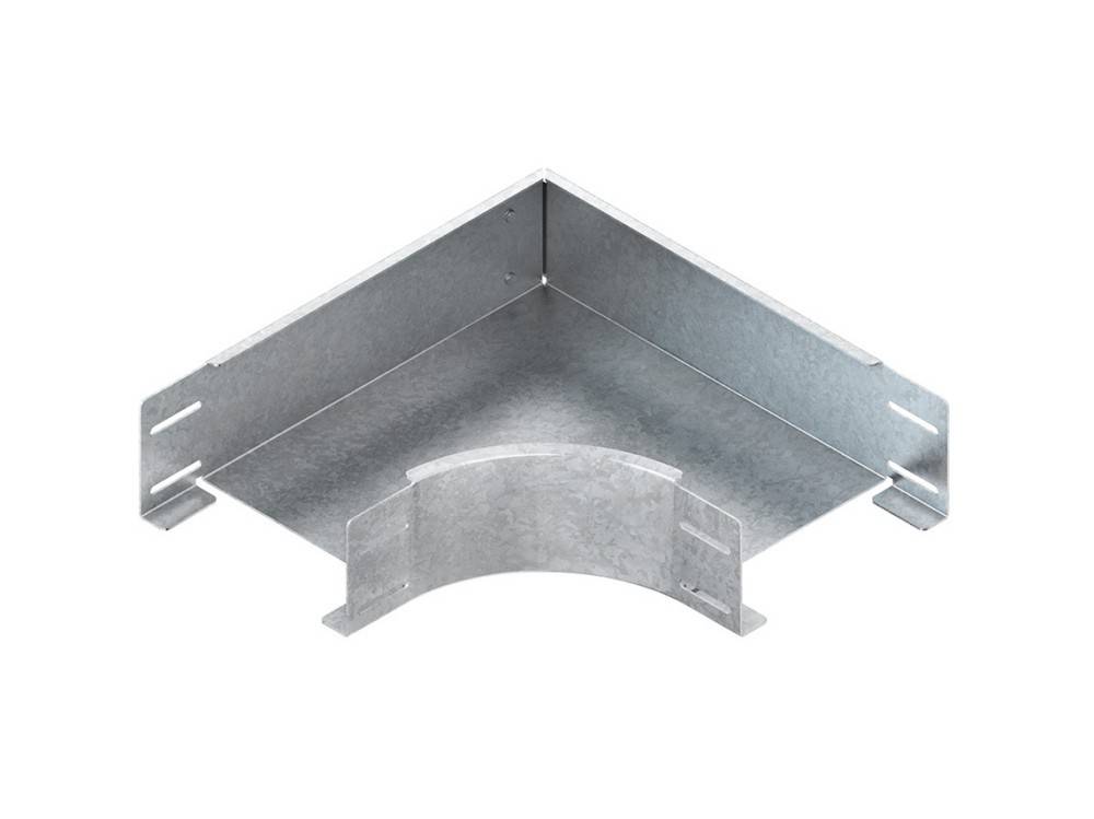 Ein Metalleckstück für Kabelrinnen mit Flansche und einem gekrümmten Innenbereich, das zum Führen von Kabeln um eine 90-Grad-Ecke verwendet wird.