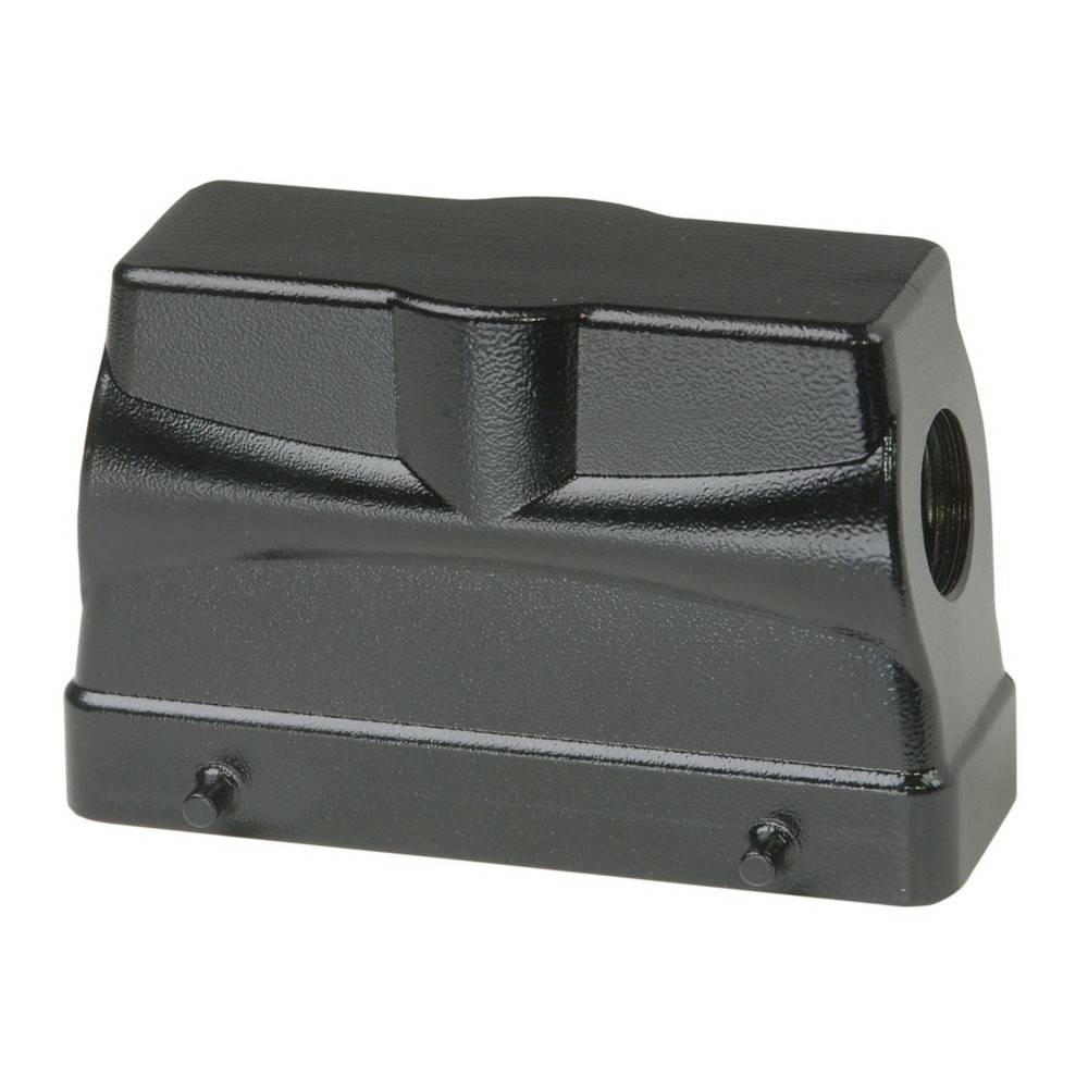 Ein mattschwarz gehaltenes, rechteckiges Metallgehäuse mit einer gekrümmten Oberseite und seitlicher Einbuchtung, das zwei Schraublöcher nahe der Basis zur Befestigung aufweist.