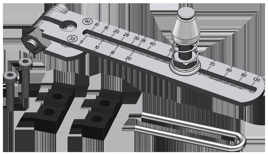 Nahaufnahme eines Metalllineals mit verschiedenen Löchern und Rillen, einem zylindrischen Werkzeug, das oben befestigt ist, sowie zwei schwarzen Halterungen und Stäben darunter.