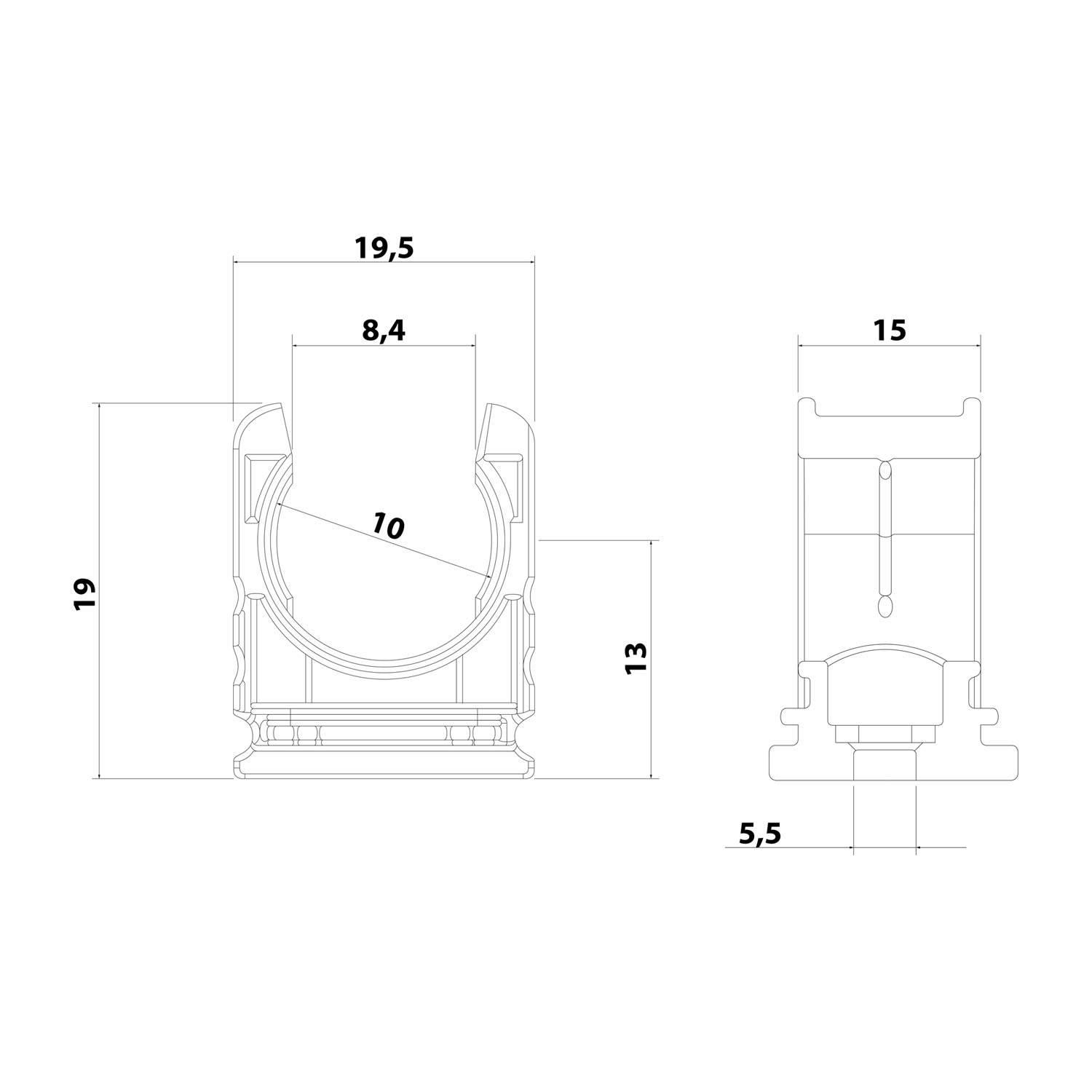 Technische Zeichnung eines mechanischen Teils mit Abmessungen. Die Ansicht von links zeigt eine Höhe von 19 und eine Breite von 19,5; die Ansicht von rechts zeigt eine Breite von 15 und eine Tiefe von 5,5.