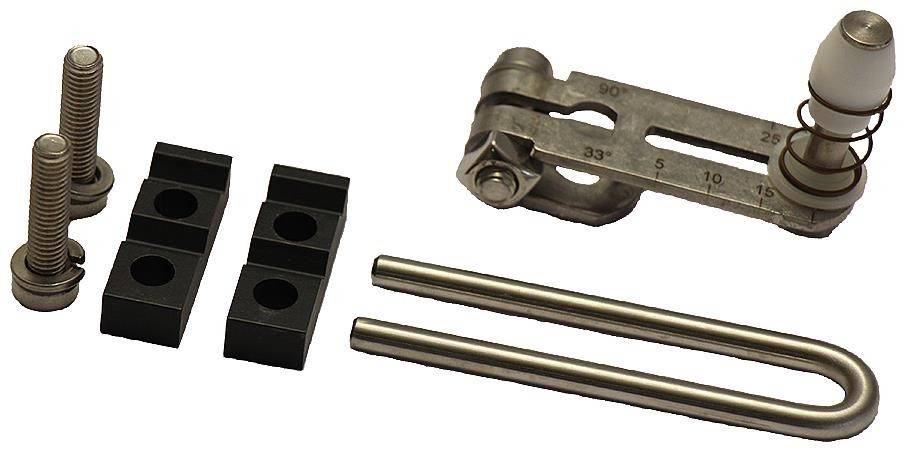 Metallmontagevorrichtung mit Graduierungsmarkierungen, zwei zylindrischen Stangen und zwei rechteckigen Stützblöcken, verwendet für präzise Ausrichtungsaufgaben.