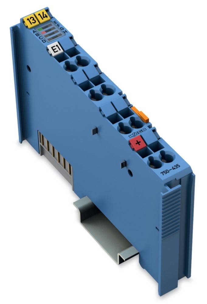 Ein blauer elektrischer Anschlussklemmenblock mit beschrifteten Anschlusspunkten und Befestigungsmerkmalen, der in elektrischen Verdrahtungsanwendungen verwendet wird.