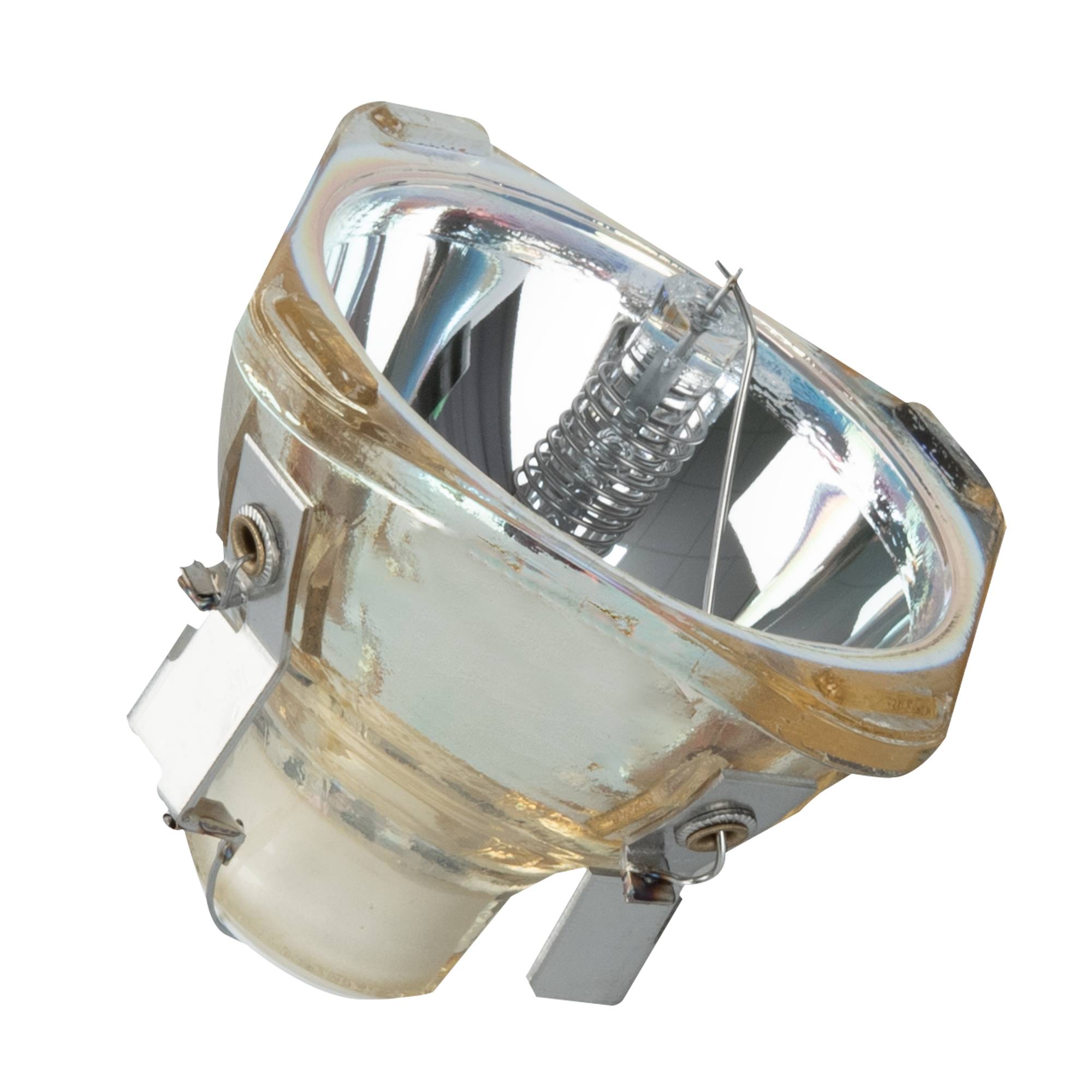 Eine einzelne Halogenlampe mit Reflektor, von der Seite betrachtet, die ihre metallische reflektierende Oberfläche hervorhebt.