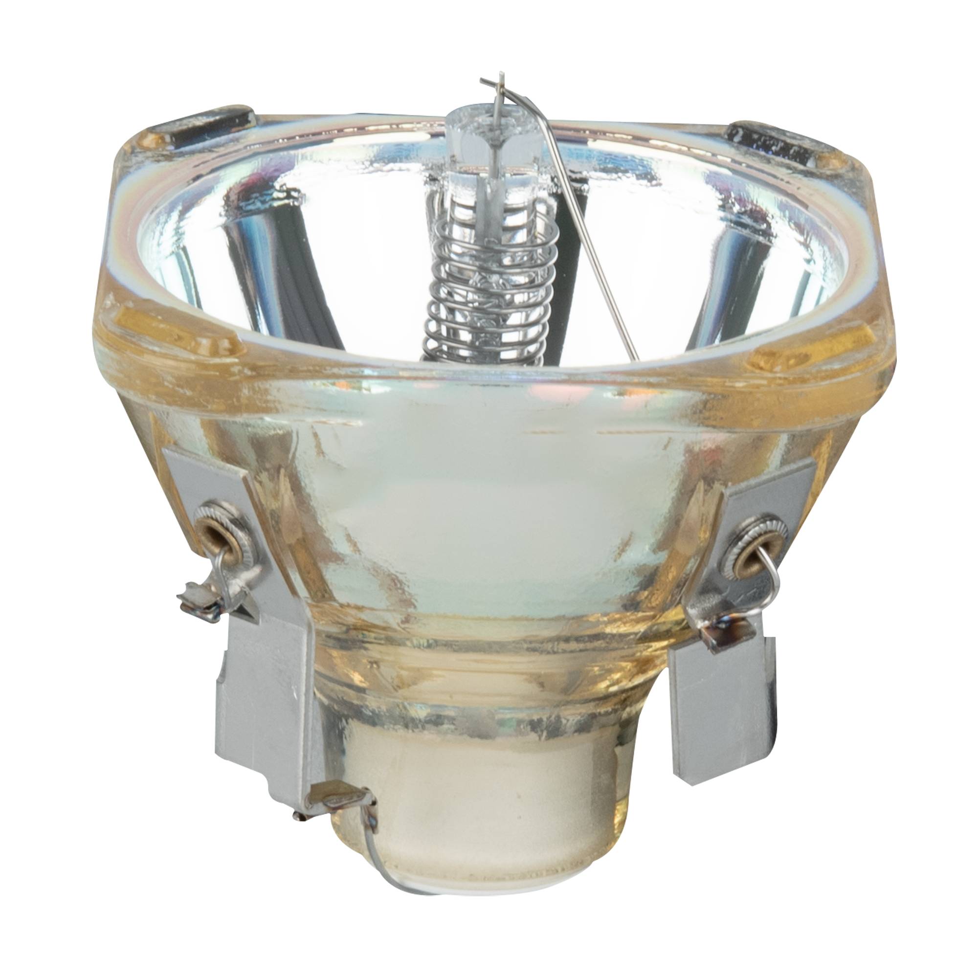 Eine metallische Halogenlampe mit reflektierender Beschichtung, ausgestattet mit interner Verkabelung und einer gewickelten Glühwendel, entwickelt für fokussierte, helle Beleuchtung.