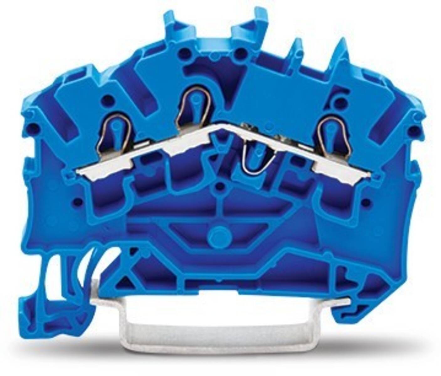 Querschnitt eines blauen elektrischen Terminalblocks, der die internen Metallverbinder und Isolationswege zeigt und dessen Struktur veranschaulicht.