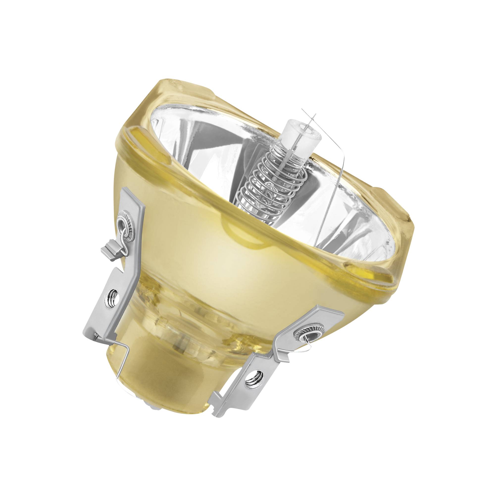 Ein klarer Halogenprojektor mit metallischen Clips und einer gewundenen Glühwendel sitzt vor einem schwarzen Hintergrund.