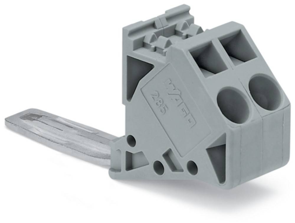 Ein grauer elektrischer Anschlussblock mit zwei Drahtschlitzen und der Kennzeichnung '285' an der Seite, der zum Verbinden von elektrischen Kabeln verwendet wird.