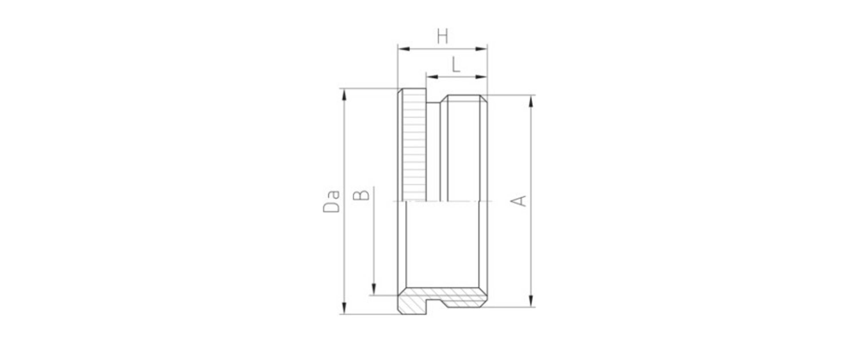 Technische Zeichnung einer mechanischen Komponente, die eine Seitenansicht mit beschrifteten Abmessungen L, H, Da, B und A für Messungen zeigt.