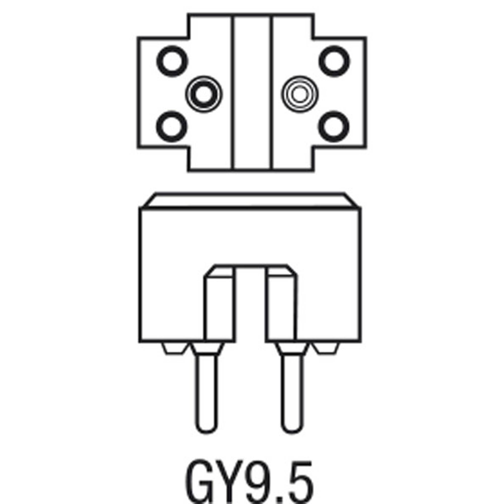 GY9.5-Lampenfassungsdiagramm mit einer rechteckigen Form und zwei Kontaktstiften. Draufsicht mit vier Befestigungslöchern.