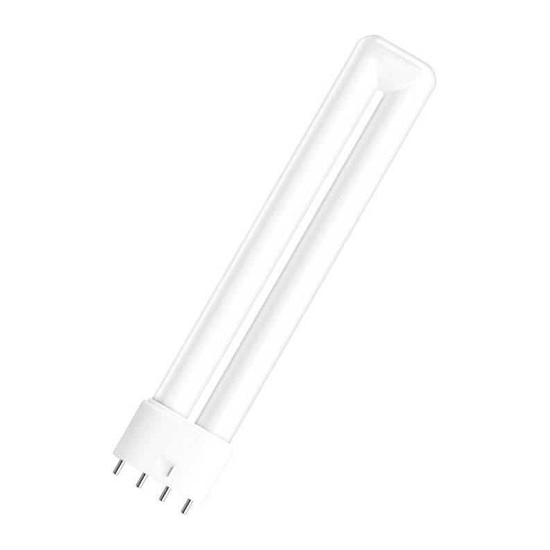 Eine kompakte Leuchtstofflampe mit langem U-förmigen Glaskörper und vierpoligem Sockel auf weißem Hintergrund.