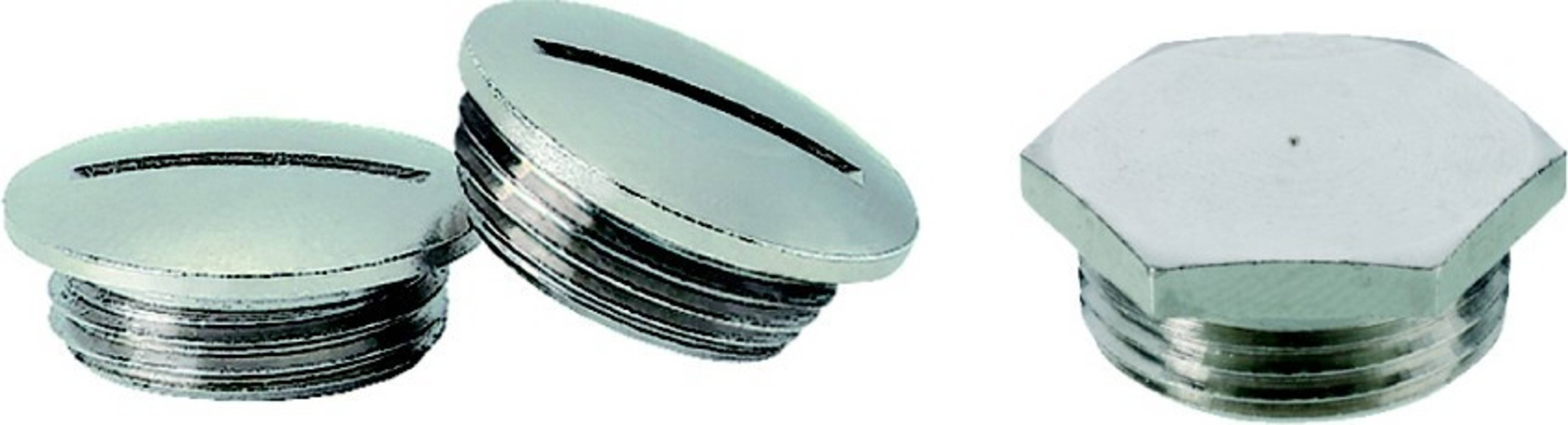 Eine Nahaufnahme eines silbernen, geschlitzten Schraubstopfens mit einem Gewinde am Ende, der zum Verschließen oder Abdichten einer Öffnung in einem mechanischen oder sanitären System verwendet wird.