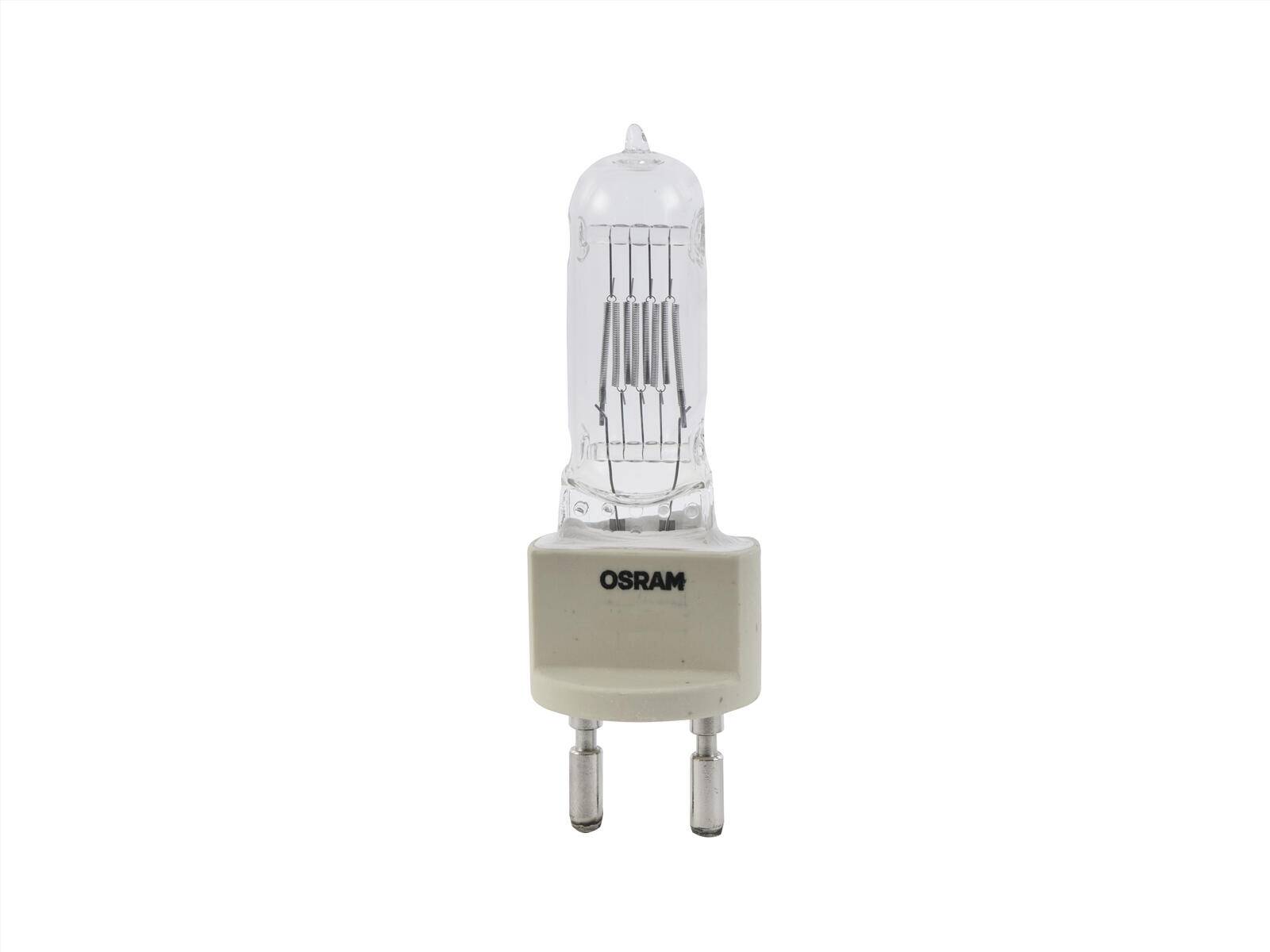 Eine klare Halogenlampe mit zwei Metallstiften und einer Basis mit der Beschriftung 'OSRAM'.