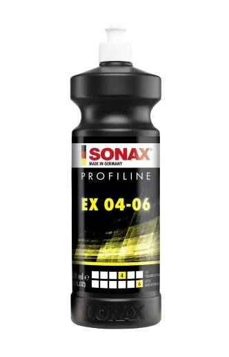 Schwarze SONAX Profiline EX 04-06 Flasche mit weißem Deckel, frontal auf einfachem Hintergrund abgebildet.