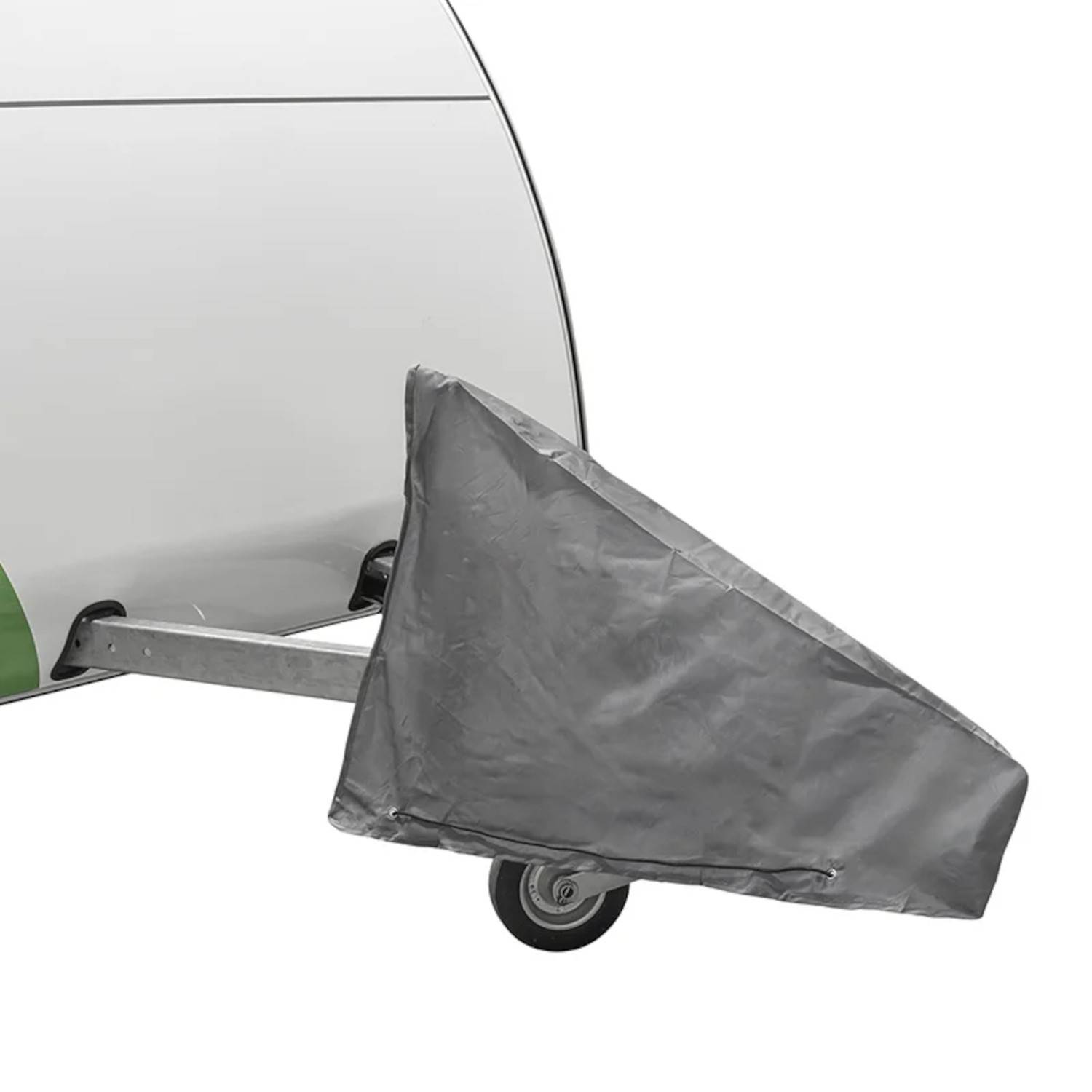 Ein Radkeil ist an dem Vorderreifen eines Anhängers angebracht und sichert ihn an einem weißen Hintergrund.