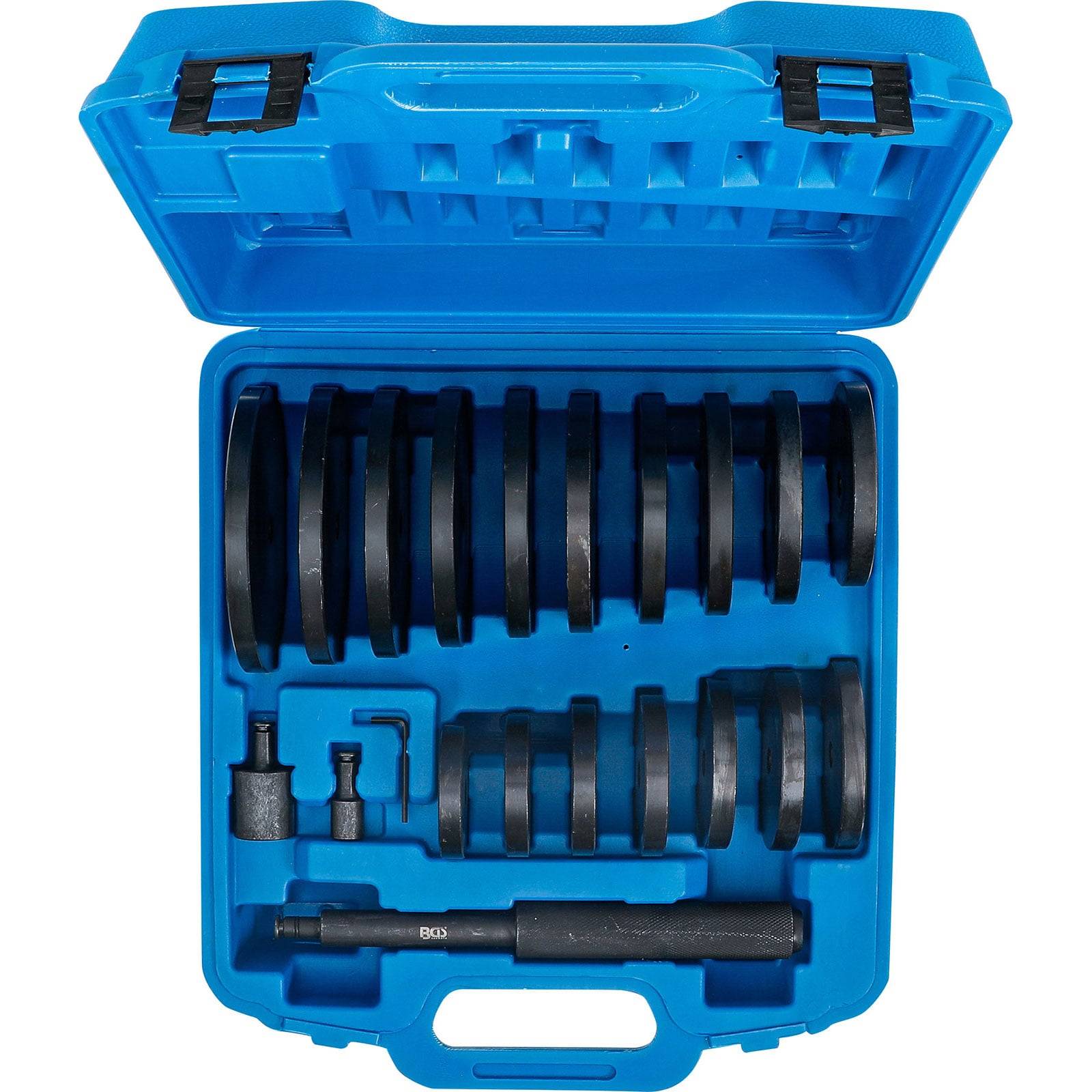 Eine blaue Plastikbox, die verschiedene schwarze Ringwerkzeuge und Komponenten in Fächern organisiert.