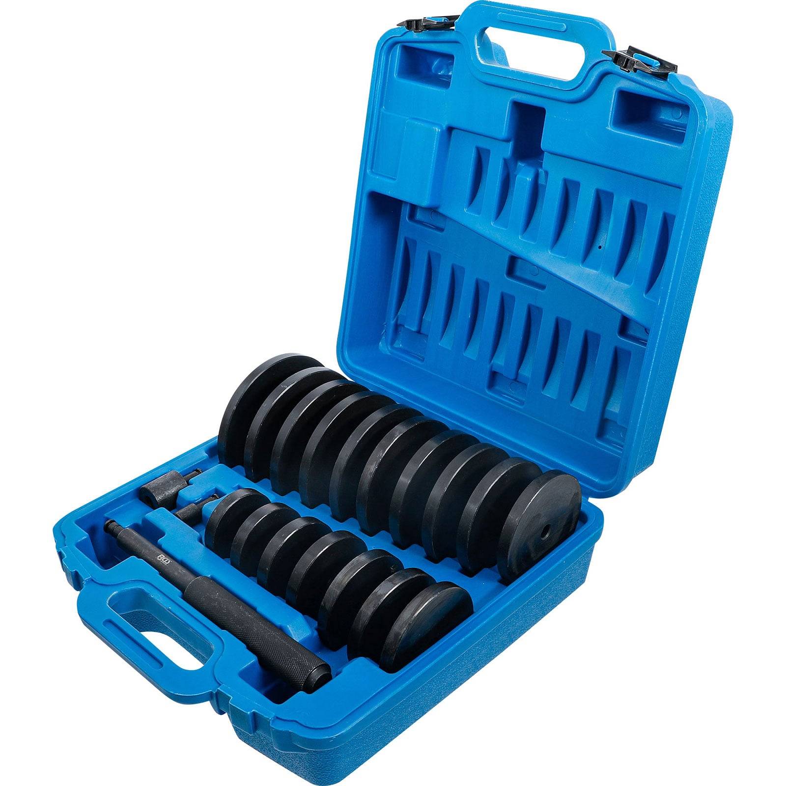 Ein blauer Koffer mit verschiedenen schwarzen Metallscheiben in unterschiedlichen Größen und einem Griff im Inneren, verwendet für das Aus- und Einbauen von Radlagern.