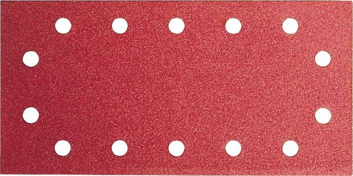 Rotes Schleifpapierblatt mit sechs gleichmäßig verteilten Löchern.