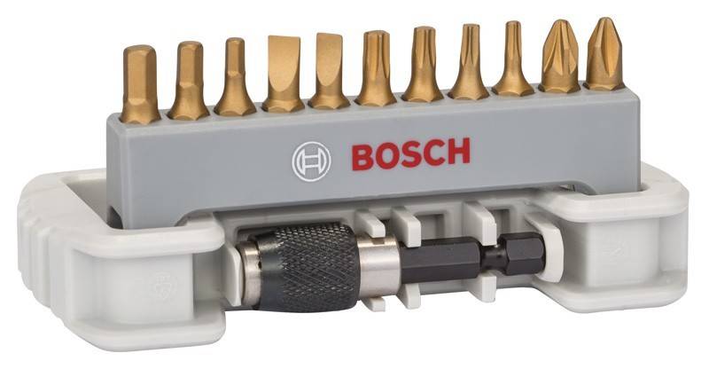 Bosch-Werkzeugsatz mit mehreren austauschbaren magnetischen Schraubendrehereinsätzen, die für verschiedene Schraubentypen entwickelt sind.