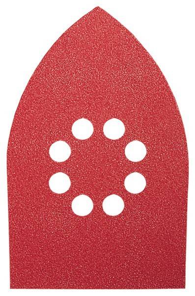 Rotes Blatt mit acht kreisrunden Löchern, ähnlich einem Schleifpapier für ein Werkzeug.