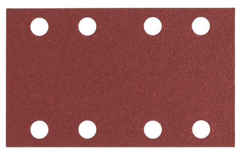 Ein rechteckiges Stück roten Schmirgelpapiers mit mehreren gleichmäßig verteilten runden Löchern.