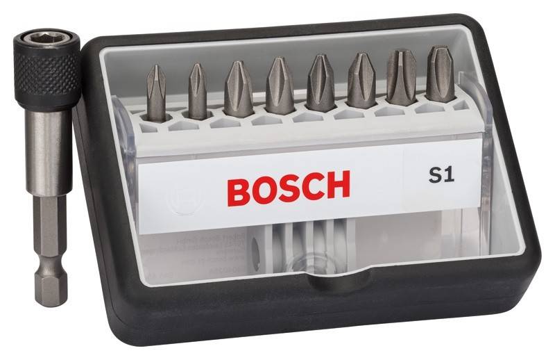 BOSCH-Schraubendreher-Bitset mit verschiedenen Bittypen in einem Kunststoffhalter.