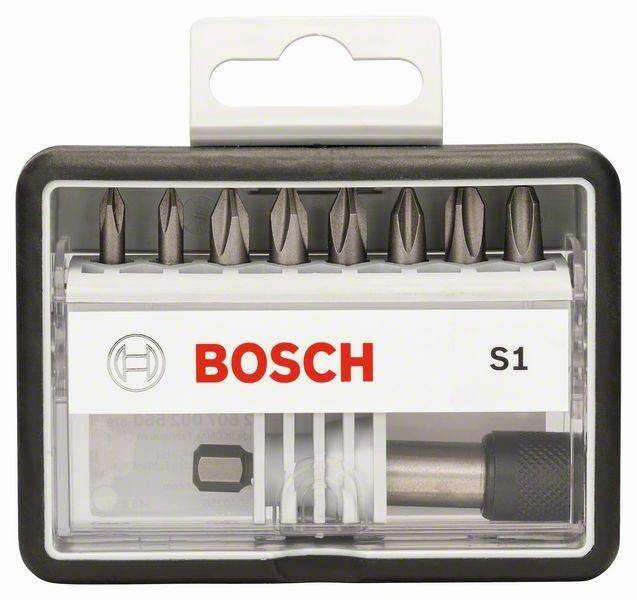 Bosch S1 Schraubenbiset in einem transparenten Kunststoffkoffer. Das Set enthält verschiedene Bittypen und einen Halter, geeignet für unterschiedliche Schraubenköpfe.