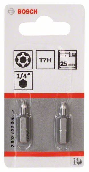 T7H, 25 mm, 1/4 Zoll Sechskant-Bitsatz, der zwei Bits mit einer T7H-Spitzengestaltung zeigt.
