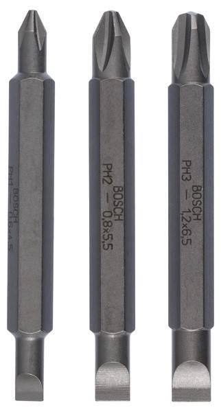 Drei sechseckige Schraubendrehen-Bits mit der Beschriftung 'PH1', 'PH2' und 'PH3' für Kreuzschlitzschrauben, die Größe und Markentext präsentieren.