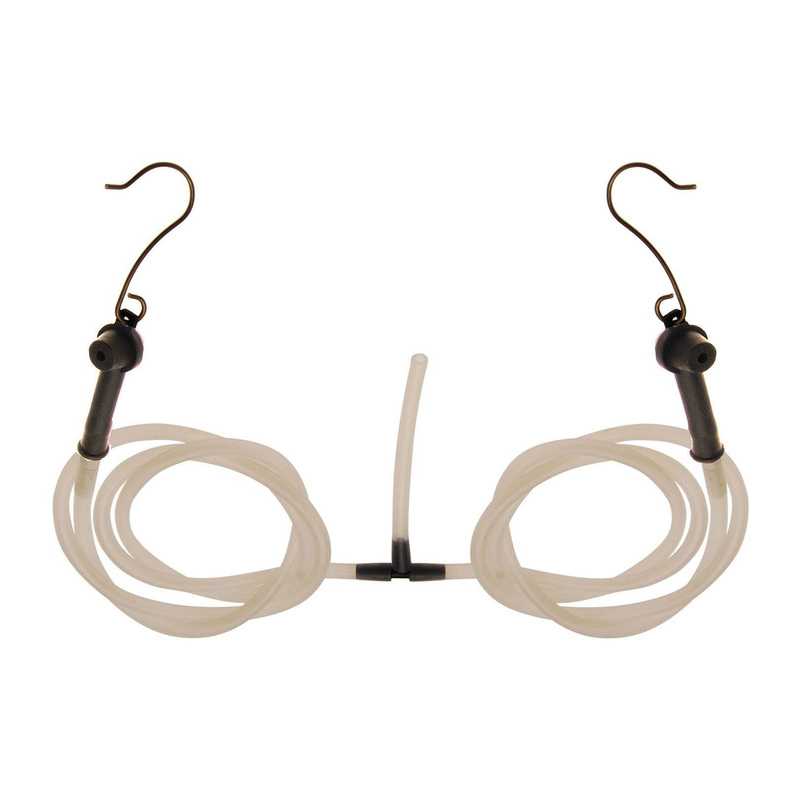 Eine Scherzbrille aus transparenten Plastikschläuchen, die eine Brille nachahmt. Die Schläuche sind geschlungen und haben Haken für die Ohren.