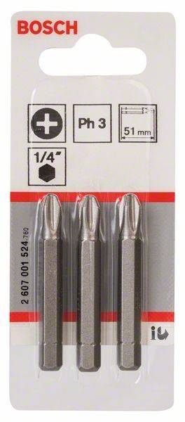 Drei Phillips-Schraubendreher-Bits, Größe Ph 3, 51 mm Länge, 1/4 Zoll Sechskantschaft, in einer Kunststoff-Blisterverpackung.