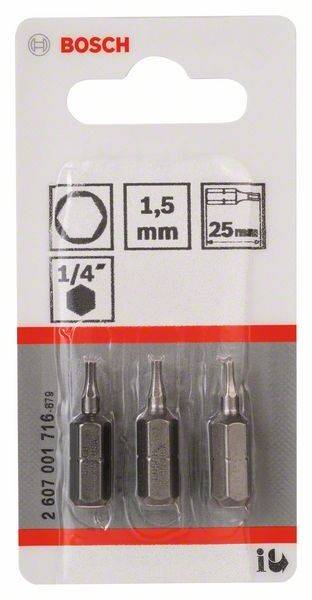 Verpackung von Sechskantbits mit drei Bits und Spezifikationen: '1,5 mm', '1/4 Zoll Sechskant' und Diagramm für Größendetails.