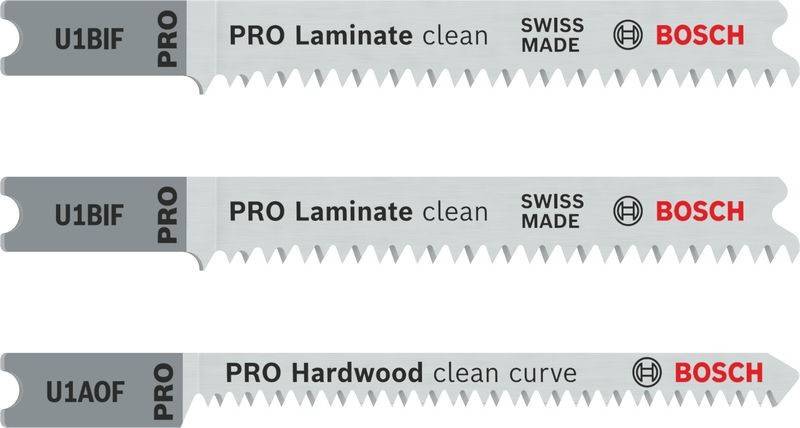Sägeblätter mit der Beschriftung 'PRO Laminat clean' und 'PRO Hartholz clean curve', die die Eignung für verschiedene Materialien anzeigen.