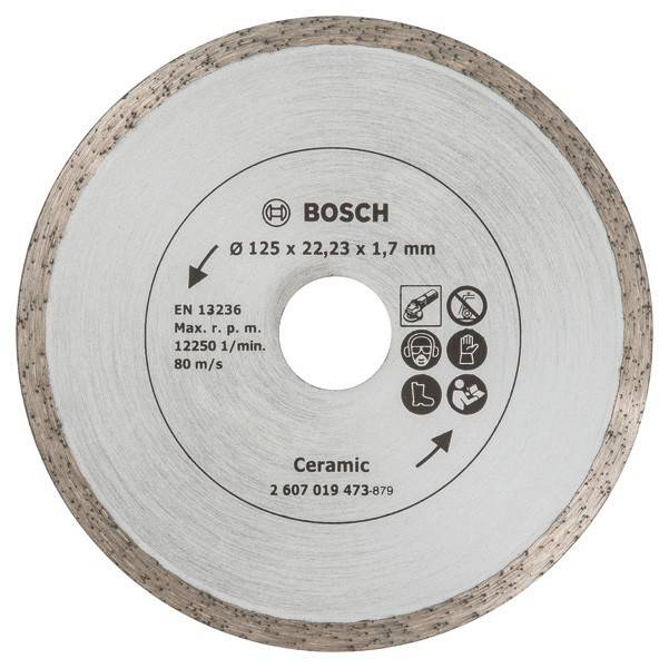 Bosch Keramik-Trennscheibe, 125 x 22,23 x 1,7 mm, max. Drehzahl 12.250. Mit Piktogrammen für Verwendung und Sicherheitshinweise.