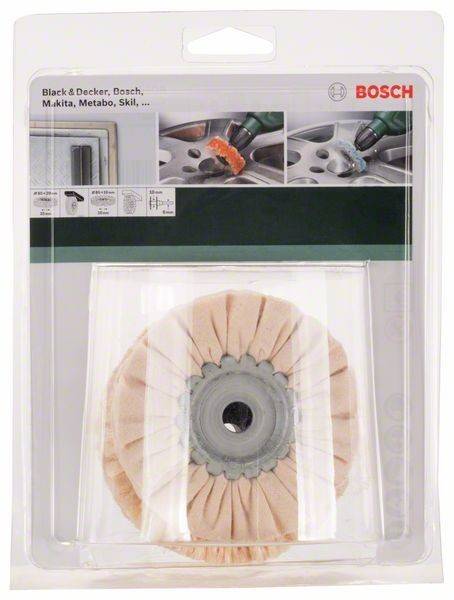 Ein Bosch Metallpolierset mit einer prominent platzierten Polierscheibe. Die Verpackung zeigt die Kompatibilität mit verschiedenen Werkzeugmarken.